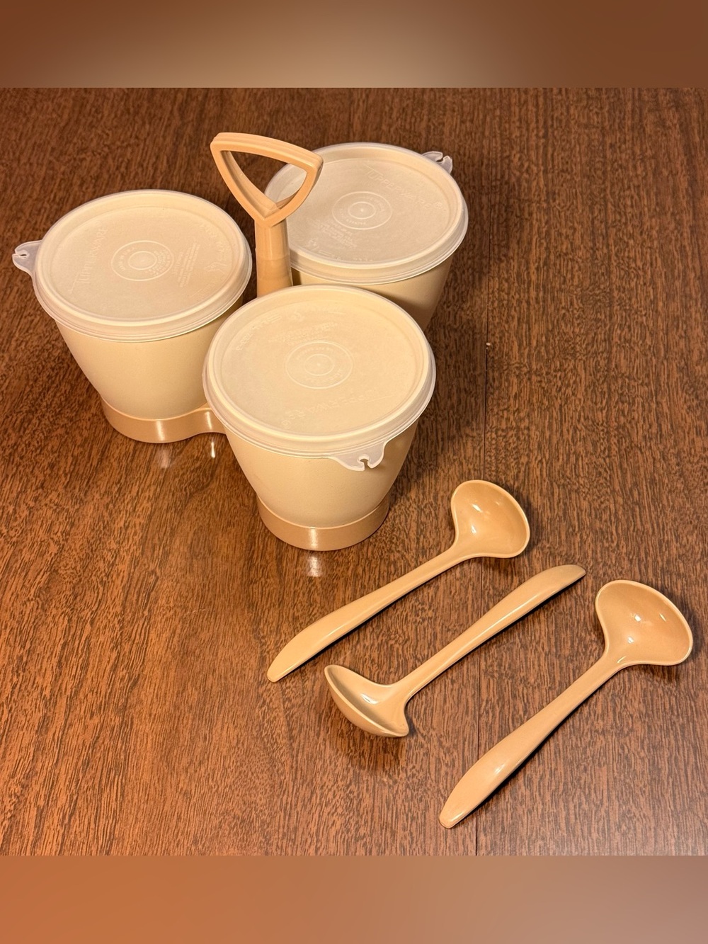 Vintage MCM Tupperware COMPLETE Condiment Caddy with Spoons & Lids Almond #757-4